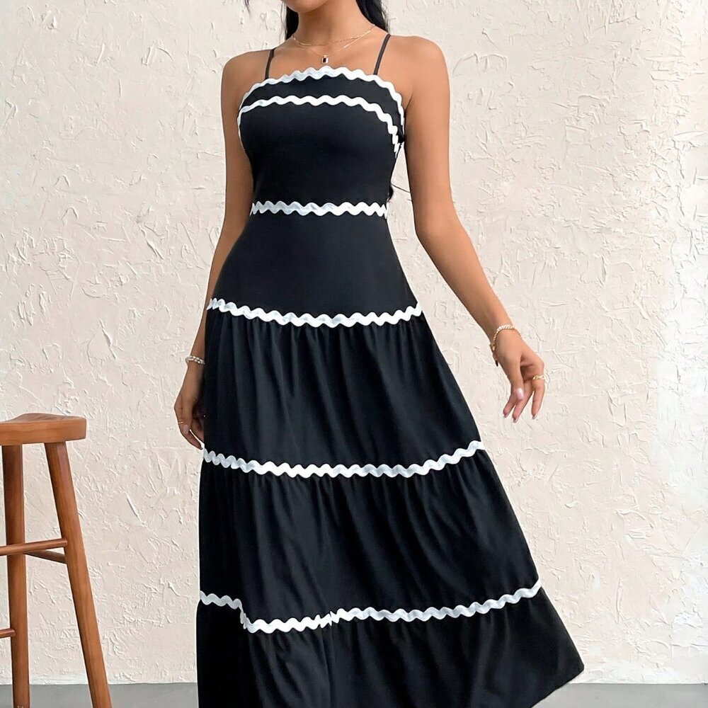 Black And White Sexy Women's Colorblock Spaghetti Strap A-Line Dress - Picture 5 of 7